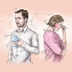 Ilustracja pary: mężczyzna z kieliszkiem, kobieta z ręką na czole, na tle w kolorze brzoskwiniowym.
