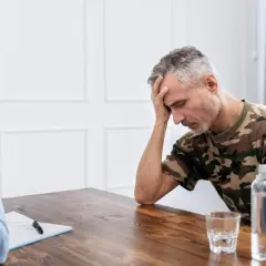 Mężczyzna w mundurze maskującym, z ręką na czole, przeżywa trudne chwile. Rozmowa terapeutyczna, być może przymusowe leczenie alkoholika, jest jego jedyną nadzieją.