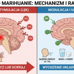 Przećpany mózg: THC nadmiernie stymuluje ciało migdałowate, wywołując lęk. CBD, oddech, woda z cukrem i zmiana otoczenia pomagają wyciszyć układ nerwowy.