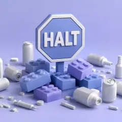 Znak "HALT" otoczony klockami, butelkami, puszkami i pigułkami. To symboliczny program halt, który wzywa do zatrzymania.