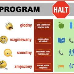 Program HALT: głód alkoholowy, agresja, samotność, zmęczenie to sygnały nawrotu choroby alkoholowej.