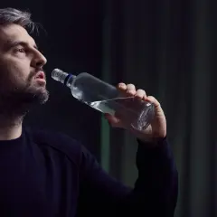 Mężczyzna z siwiejącą brodą pije alkohol z butelki, pogrążony w depresji alkoholowej.