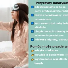 Kobieta w piżamie z opaską na oczach, budząca się w nocy. Jedną z przyczyn lunatykowania po alkoholu jest nadmierne spożycie.