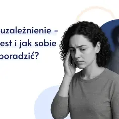 Kobieta z bólem głowy, symbolizująca współuzależnienie alkoholowe. Obok niej zamazana sylwetka mężczyzny.