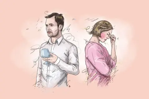 Ilustracja pary: mężczyzna z kieliszkiem, kobieta z ręką na czole, na tle w kolorze brzoskwiniowym.