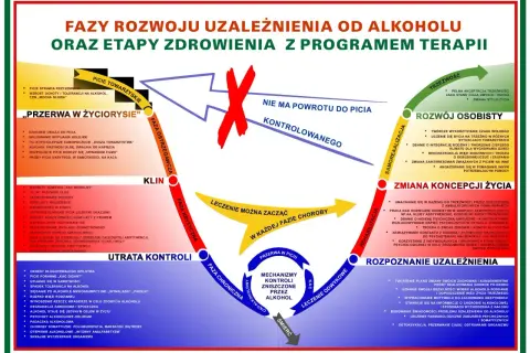 Schemat faz rozwoju uzależnienia od alkoholu i etapów zdrowienia. Terapia alkoholowa online jest kluczowa w procesie zdrowienia.