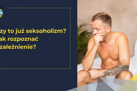 Mężczyzna siedzi na łóżku, zamyślony, z ręką przy ustach. W tle kobieta w łóżku.