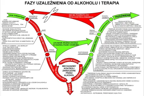 Schemat faz uzależnienia od alkoholu i terapii. Pokazuje cykl od picia towarzyskiego do śmierci, z etapami odwyku i rehabilitacji.