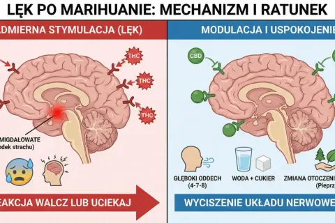 Przećpany mózg: THC nadmiernie stymuluje ciało migdałowate, wywołując lęk. CBD, oddech, woda z cukrem i zmiana otoczenia pomagają wyciszyć układ nerwowy.