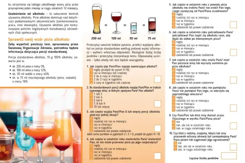 Test sprawdzający wzór picia alkoholu, z pytaniami o częstotliwość spożywania i konsekwencje.