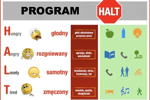 Program HALT: głód alkoholowy, agresja, samotność, zmęczenie to sygnały nawrotu choroby alkoholowej.