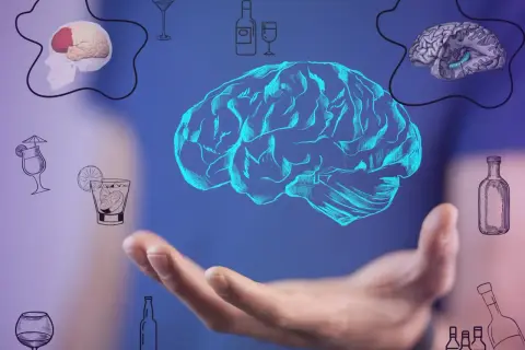 Dłoń trzyma mózg, wokół niego szkice drinków i butelek. Alkohol depresant wpływa na mózg, co pokazują ilustracje.
