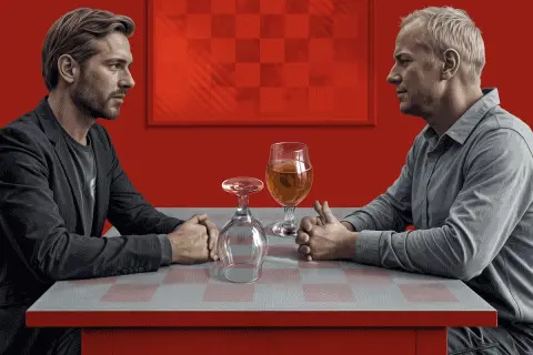 Dwóch mężczyzn siedzi przy stole. Jeden pije piwo, drugi ma pusty kieliszek. Trudne rozmowy o życiu z alkoholikiem niepijącym.