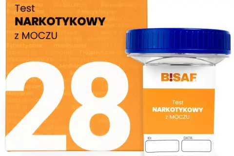 Test narkotykowy z moczu BISAF. Opakowanie i pojemnik na próbkę do badań.