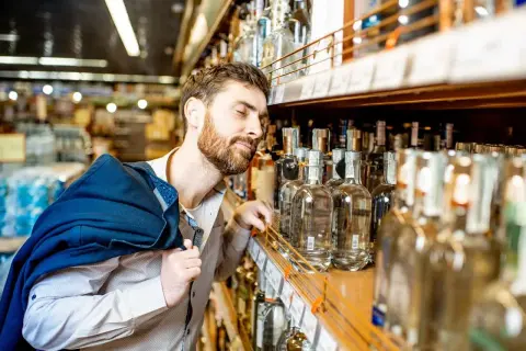 Mężczyzna z brodą wybiera alkohol w sklepie, co może odzwierciedlać spożycie alkoholu w Polsce.