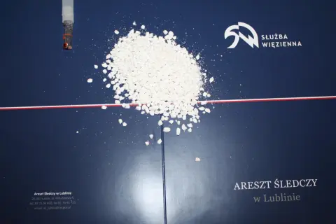 Biały proszek i kryształki amfetaminy rozsypane na granatowym tle, obok probówki.