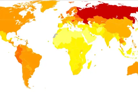 Mapa świata pokazująca spożycie alkoholu na świecie. Ciemniejsze kolory oznaczają wyższe spożycie.