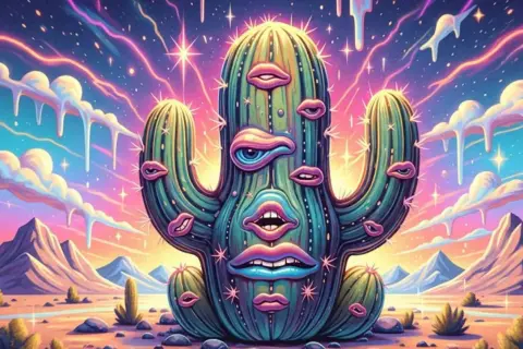 Surreal desert landscape with a cactus face, evoking the psychedelic meskalina działanie. Kolorowe chmury i góry w tle.