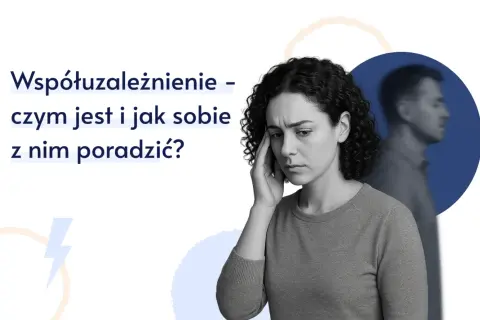 Kobieta z bólem głowy, symbolizująca współuzależnienie alkoholowe. Obok niej zamazana sylwetka mężczyzny.