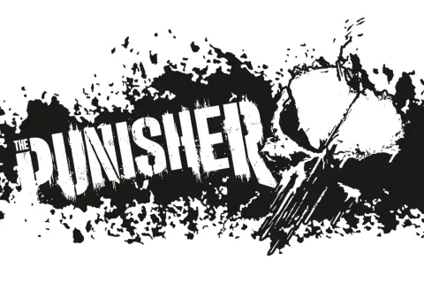 Czarno-białe logo z napisem "THE PUNISHER" i stylizowaną czaszką. Efekt rozbryzgów i zniszczenia.