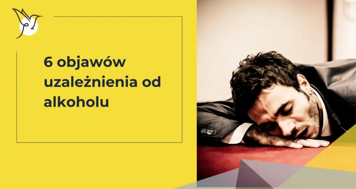 Mężczyzna w garniturze śpi na stole, z twarzą opartą na rękach. Obok tekst: "6 objawów uzależnienia od alkoholu".