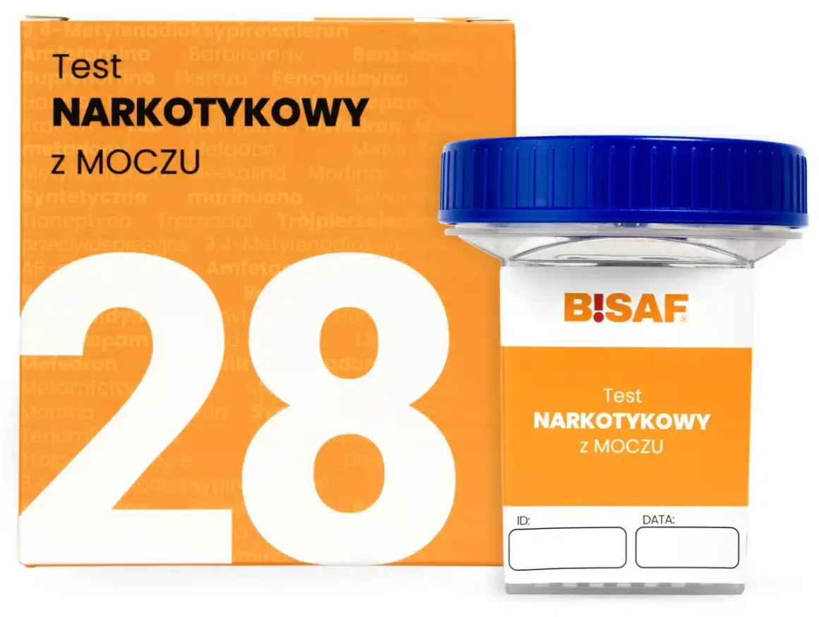 Test narkotykowy z moczu BISAF. Opakowanie i pojemnik na próbkę do badań.