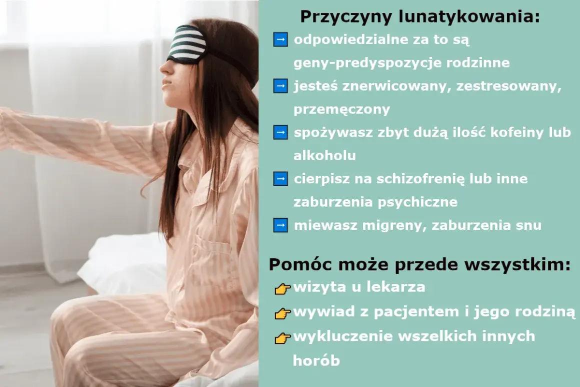 Kobieta w piżamie z opaską na oczach, budząca się w nocy. Jedną z przyczyn lunatykowania po alkoholu jest nadmierne spożycie.