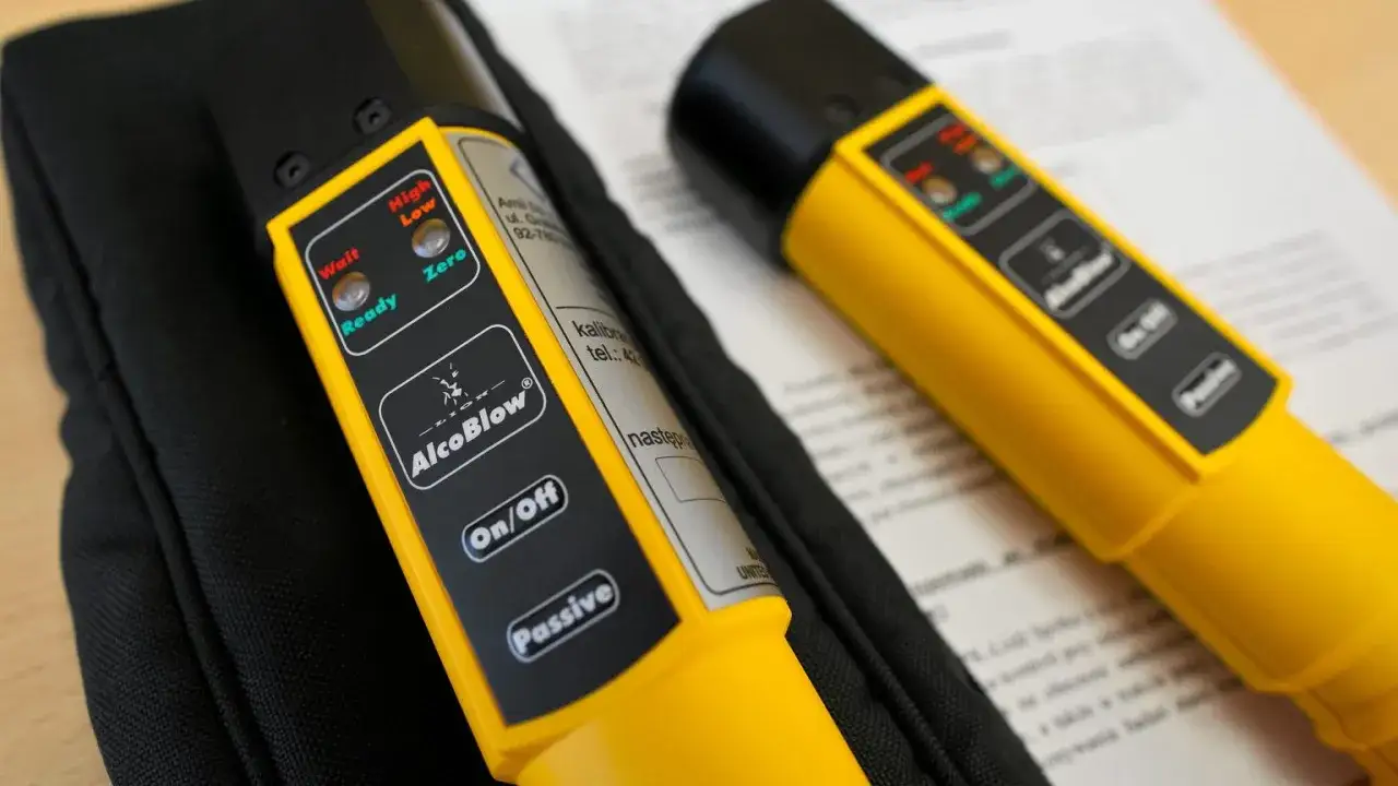 Dwa alkomaty AlcoBlow leżą obok siebie, gotowe do sprawdzenia, ile alkoholu we krwi.