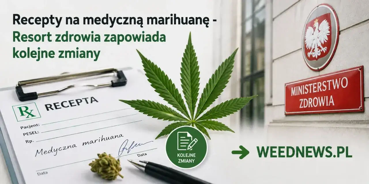 Recepta na medyczną marihuanę, liść konopi i budynek Ministerstwa Zdrowia. Resort zapowiada zmiany.