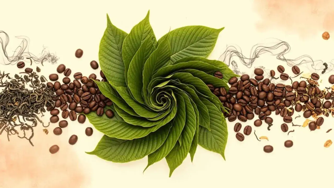 Zielone liście ułożone w wir, otoczone kawą i herbatą. Czy to zapowiedź popularności kratom w Polsce?