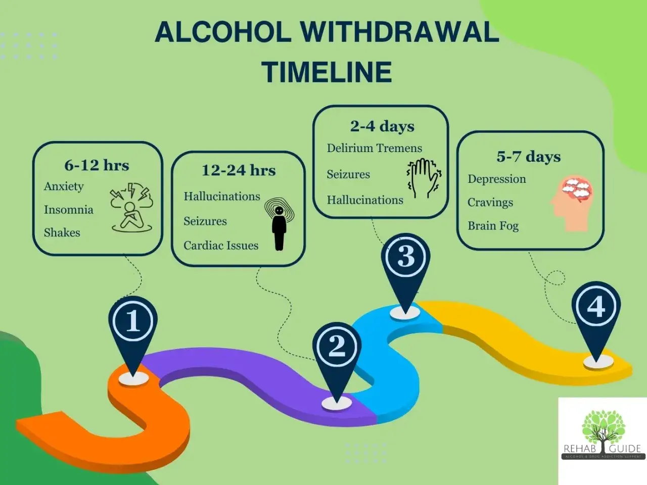 Oto oś czasu objawów odstawienia alkoholu: niepokój, bezsenność, drgawki (6-12h), omamy, drgawki, problemy z sercem (12-24h), delirium tremens (2-4 dni), depresja, głód, mgła mózgowa (5-7 dni). 100 dni bez alkoholu efekty są widoczne po tym czasie.