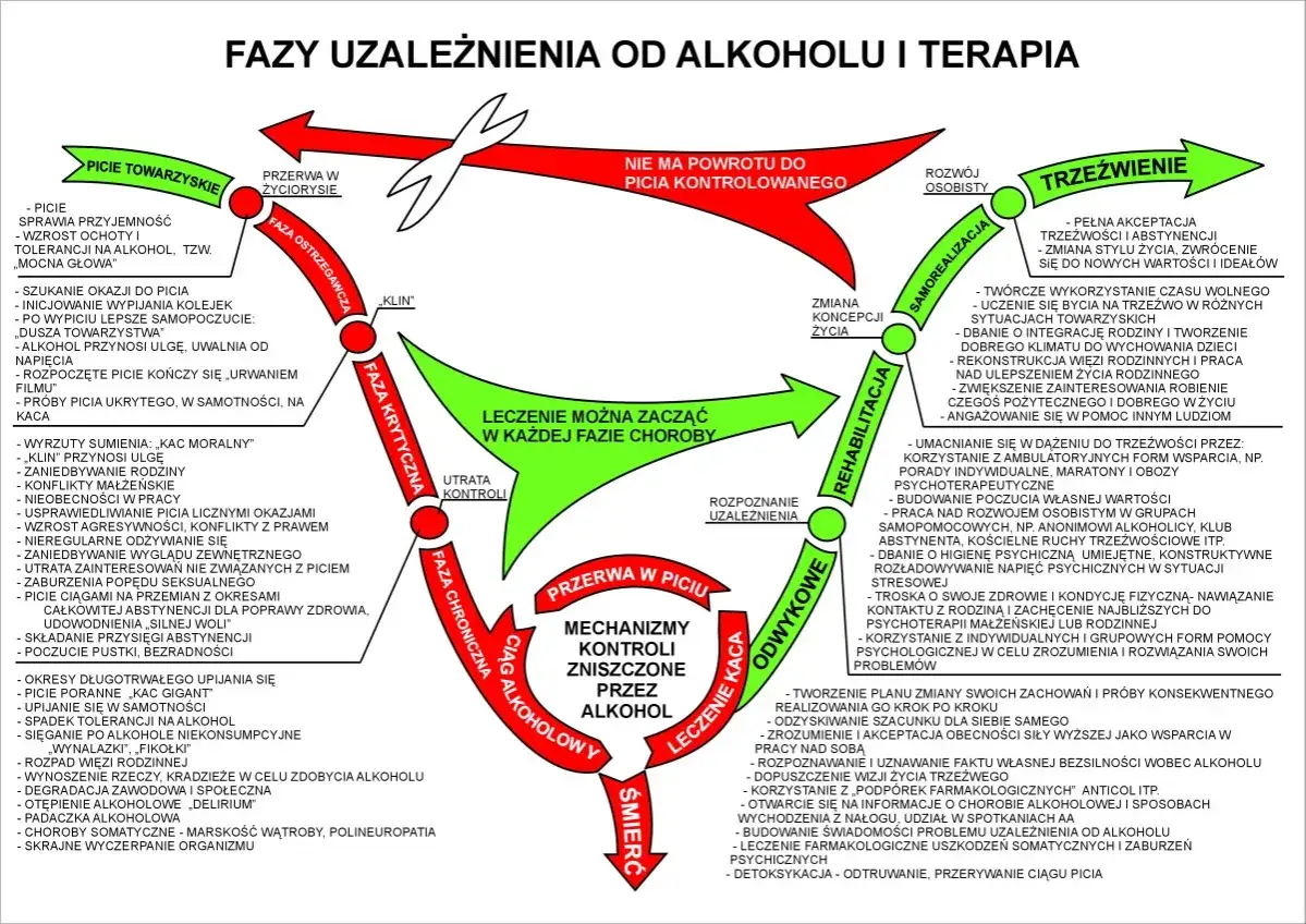 Schemat faz uzależnienia od alkoholu. Opisuje drogę od picia towarzyskiego do śmierci, z zaznaczeniem możliwości leczenia. Nawet wysokofunkcjonujący alkoholik może znaleźć pomoc.
