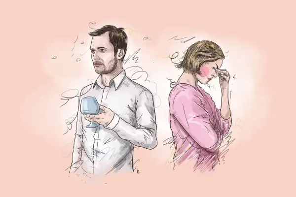 Ilustracja pary: mężczyzna z kieliszkiem, kobieta z ręką na czole, na tle w kolorze brzoskwiniowym.