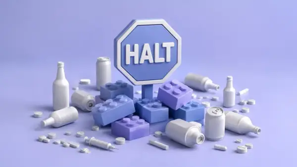 Znak "HALT" otoczony butelkami, puszkami, tabletkami i strzykawką. Symbolizuje metodę halt w walce z uzależnieniami.