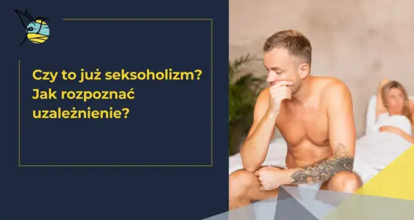 Mężczyzna siedzi na łóżku, zamyślony, z ręką przy ustach. W tle kobieta w łóżku.