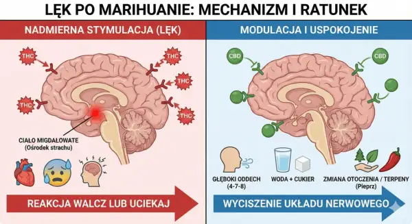 Przećpany mózg: THC nadmiernie stymuluje ciało migdałowate, wywołując lęk. CBD, oddech, woda z cukrem i zmiana otoczenia pomagają wyciszyć układ nerwowy.