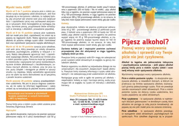 Dwa kolorowe drinki z parasolkami i owocami. Obok tekst: "Pijesz alkohol? Poznaj wzory spożywania alkoholu i sprawdź czy Twoje picie nie jest ryzykowne.