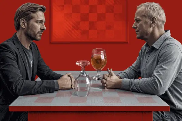 Dwóch mężczyzn siedzi przy stole. Jeden pije piwo, drugi ma pusty kieliszek. Trudne rozmowy o życiu z alkoholikiem niepijącym.