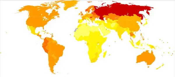 Mapa świata pokazująca spożycie alkoholu na świecie. Ciemniejsze kolory oznaczają wyższe spożycie.
