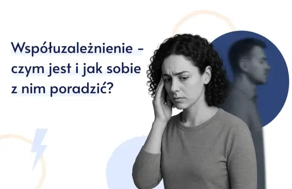 Kobieta z bólem głowy, symbolizująca współuzależnienie alkoholowe. Obok niej zamazana sylwetka mężczyzny.
