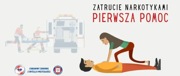 Ratownicy transportują pacjenta do karetki, a kobieta udziela pierwszej pomocy nieprzytomnemu mężczyźnie.